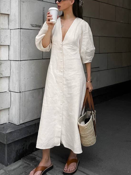 French Puff Sleeve Backless Shirt Dress