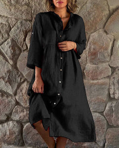 Cotton linen solid casual button-down maxi long shirt dress