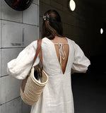 French Puff Sleeve Backless Shirt Dress