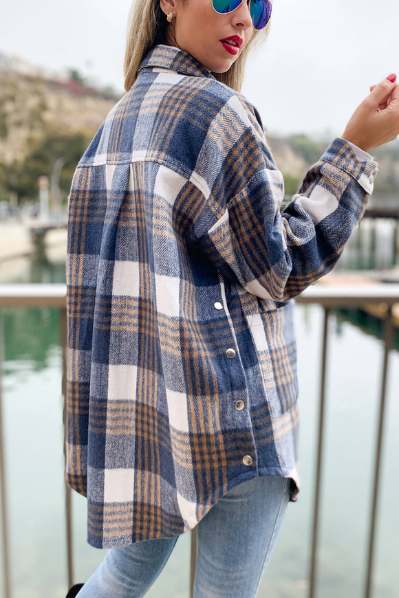 Blue Plaid Printed Side Button Down Detail Oversized Jacket