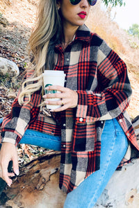 Rust Plaid Printed Side Button Down Detail Oversized Jacket